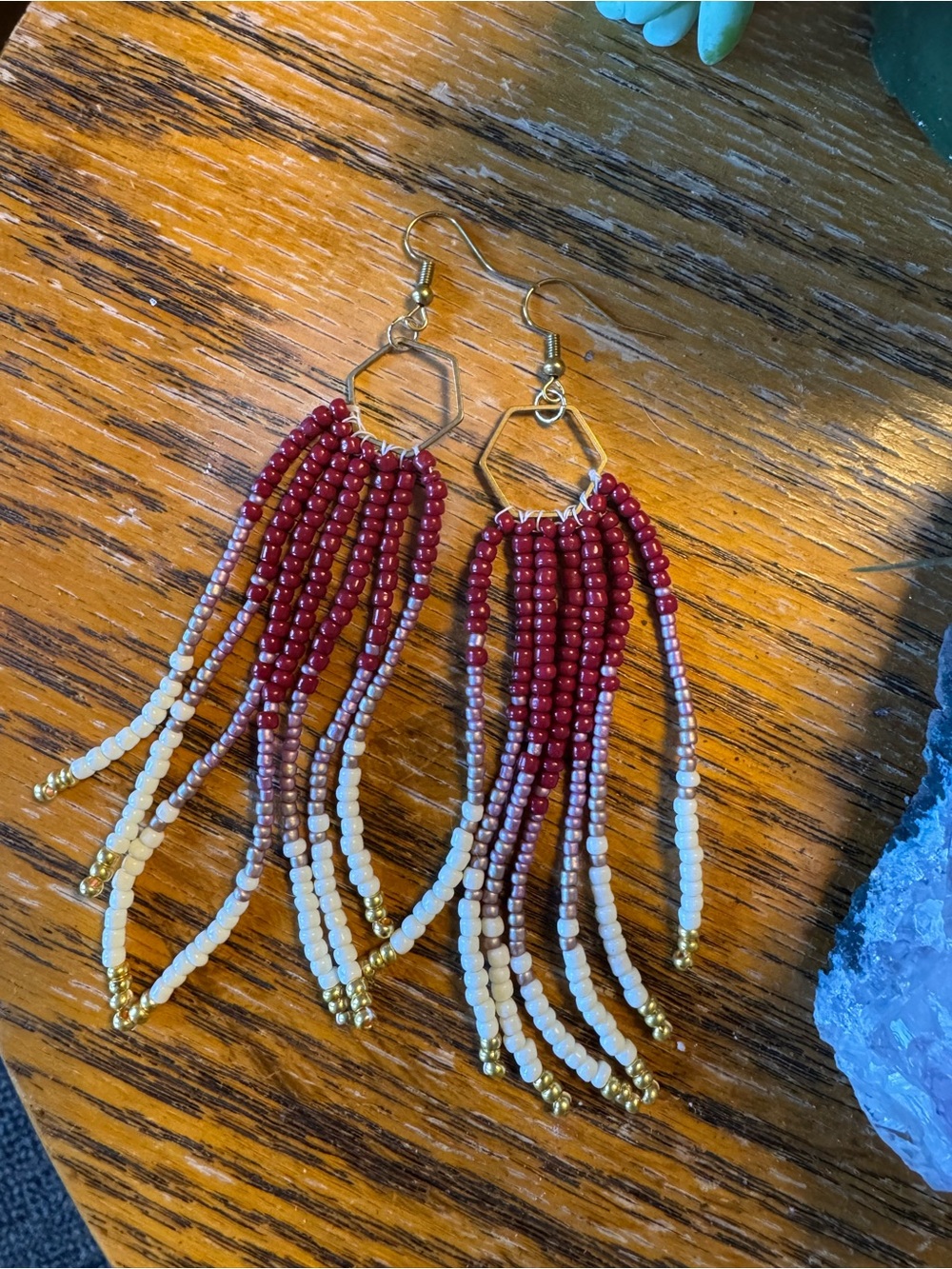 Handmade Red and Cream Beaded Fringe Earrings - Women Jewelry